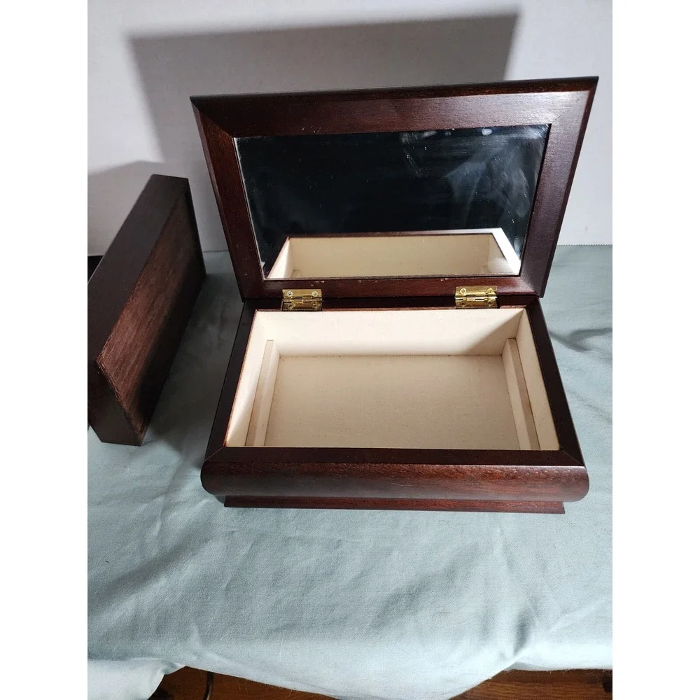 Vintage Wooden Jewelry Box Flowered Embroidery Tapestry Top Mirror Trinket Decor